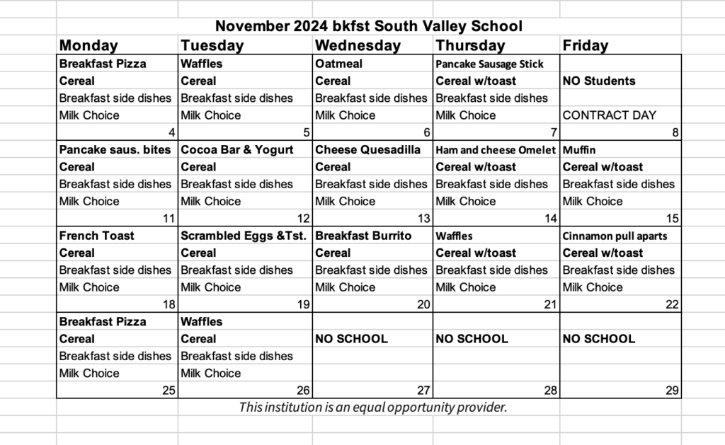 Breakfast menu Nov 24